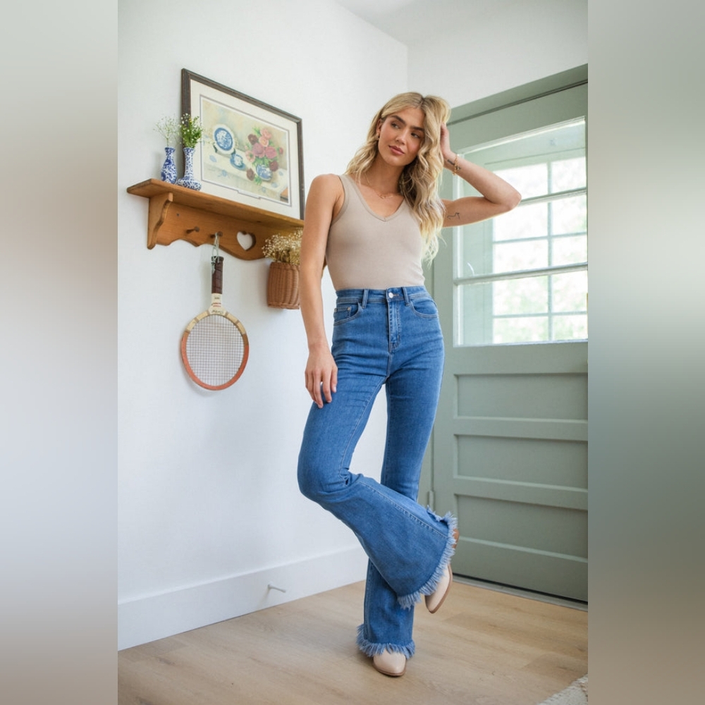 Pink Lily Medium Wash Distressed Flare Jeans